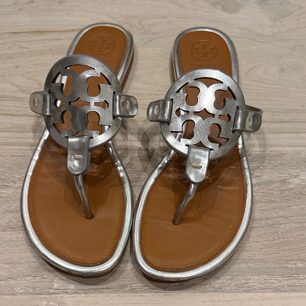 Tory Burch Metallic Silver and Brown Sandals